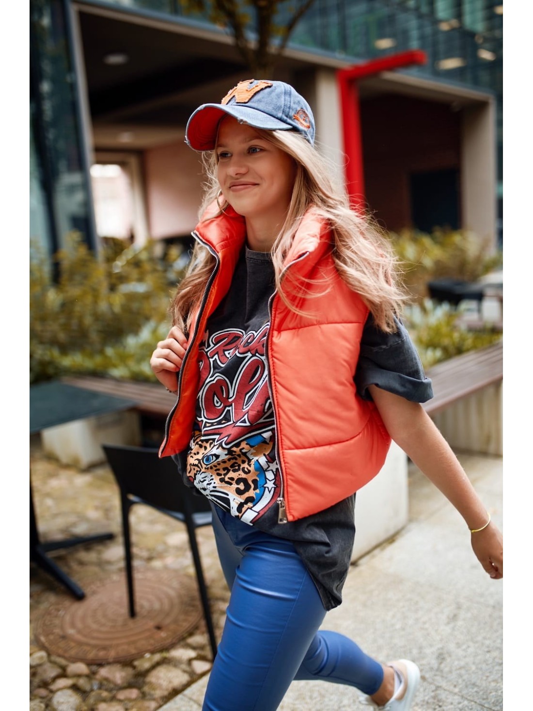 Short quilted vest with a stand-up collar, neon orange 999230 - Online store - Boutique